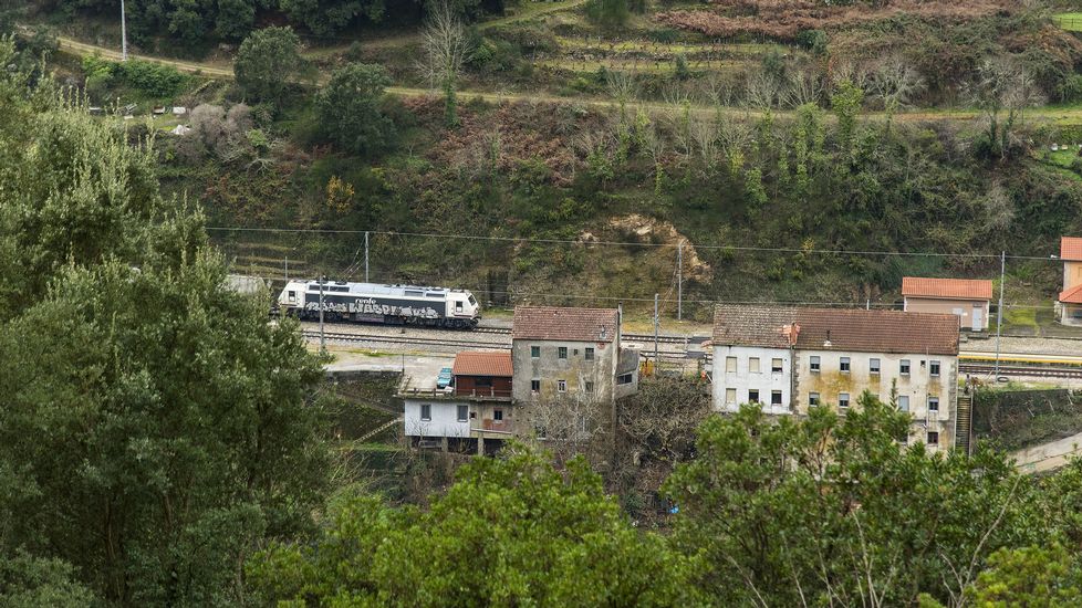 Un tren pasando por la estación de Santo Estevo