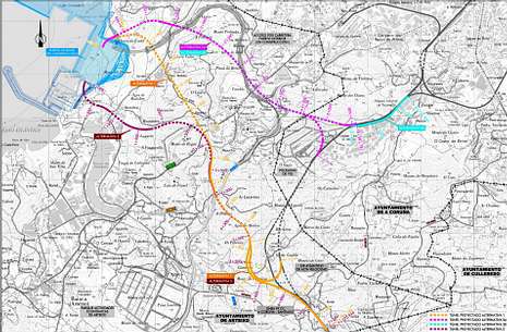 La alternativa 3, la elegida (en rojo en la imagen) llegará a Langosteira desde el sur. 