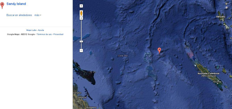 Teórica localización de la isla Sandy, entre Australia (izquierda) y Nueva Caledonia 